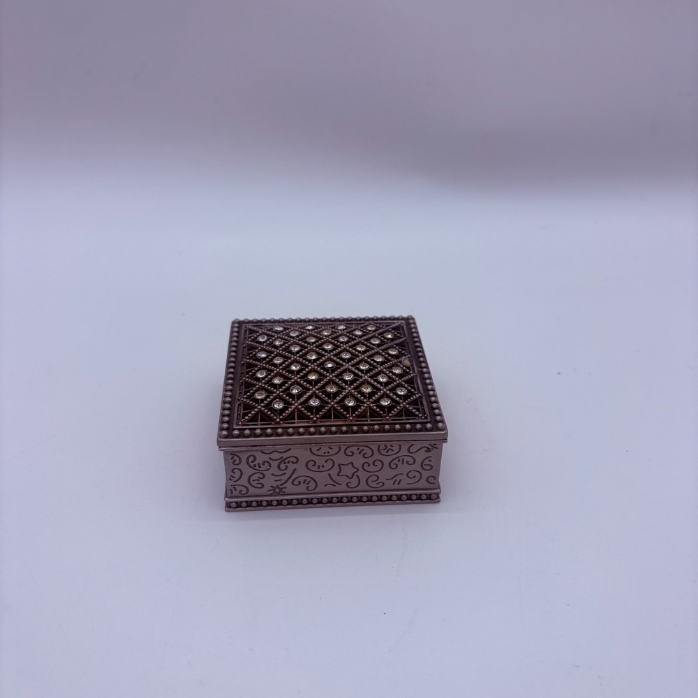 Vintage Style Pewter Lattice Rhinestone Square Trinket Jewelry Box Celestial